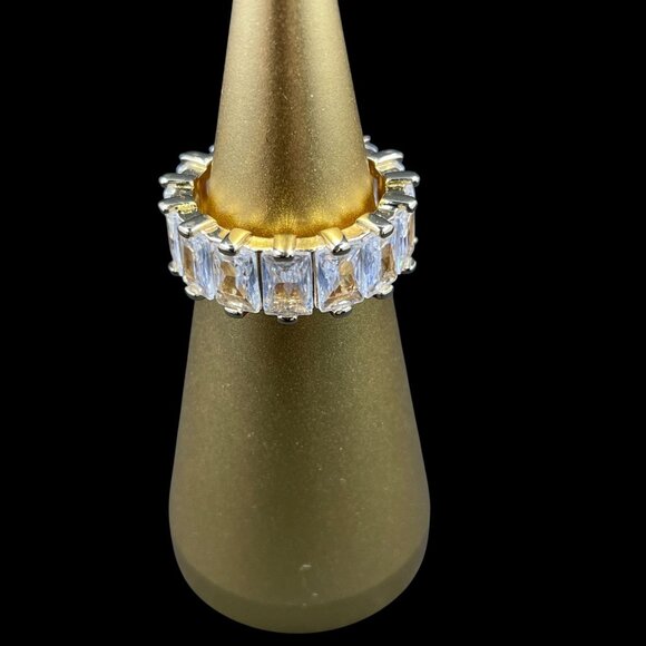 Gold Plated Baguette Eternity Ring Size 6 Crystal Glam Y2K Statement Jewelry NWO - Picture 3 of 8